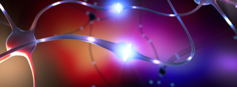 An abstract image of a glowing synapse against deep purple and red