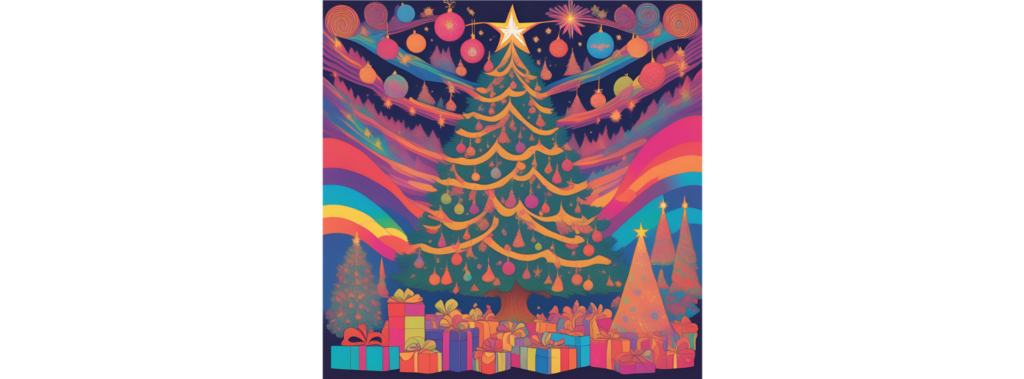 A brightly coloured illustration of a Christmas tree surrounded by rainbows