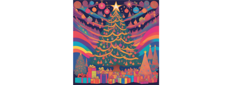 A brightly coloured illustration of a Christmas tree surrounded by rainbows