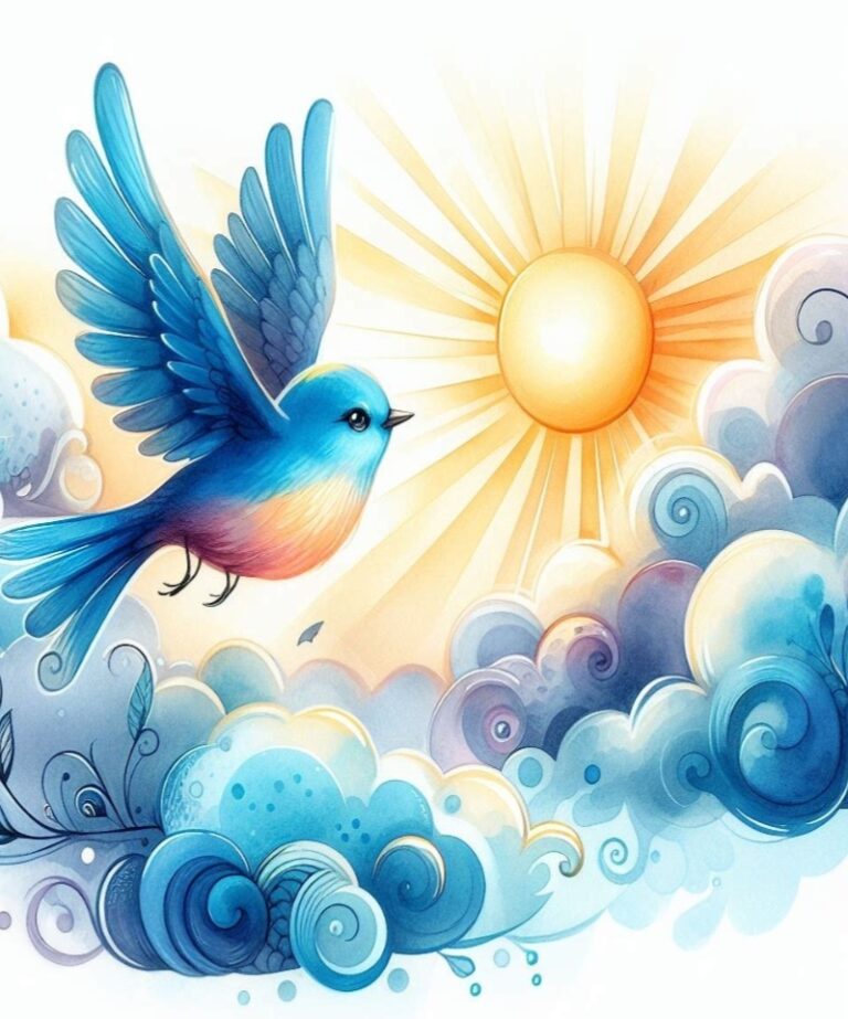 An illustrated bluebird flying against a bright sun and stylised clouds