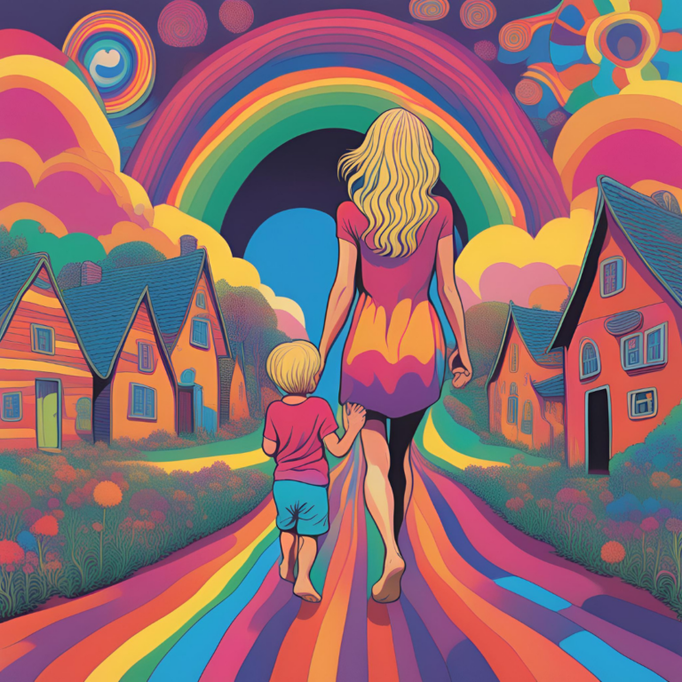 An illustration of a woman and a young child walking hand in hand past bright houses