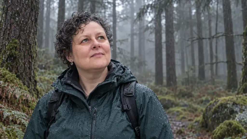 Sharyn with a Why in a waterproof coat, standing among tall trees in the rain