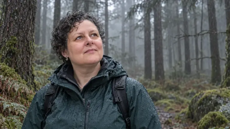 Sharyn with a Why in a waterproof coat, standing among tall trees in the rain