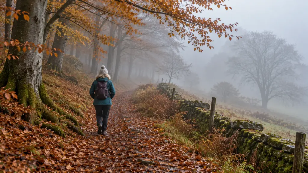 A woman walking away along a leaf-covered woodland path into fog