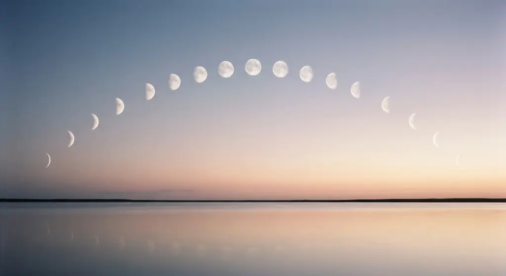 A row of moon phases across a pale sky above the sea