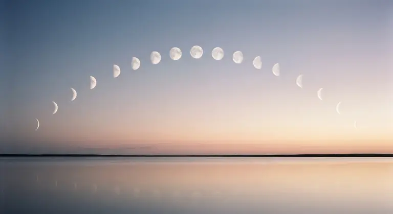 A row of moon phases across a pale sky above the sea