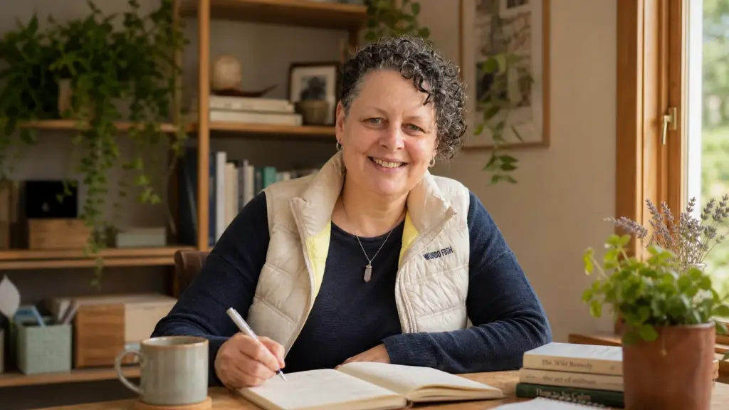 Sharyn with a Why at her desk, bookshelves behind her