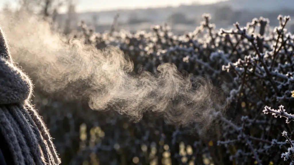 A single breath of vapour curling through freezing air against a dark frosted hedge