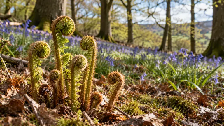 Young bracken fronds starting to uncurl on a woodland floor with bluebells behind