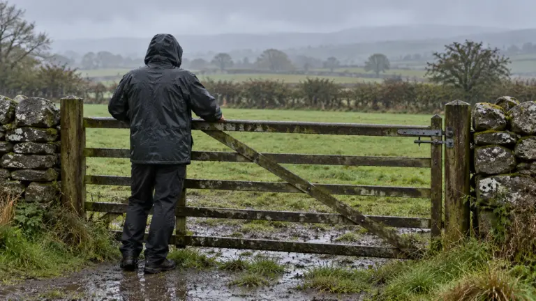 A person in a hooded waterproof resting their hands on a field gate in rain