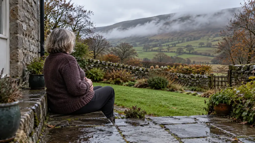 A woman sitting on a cottage back step looking towards hills after rain