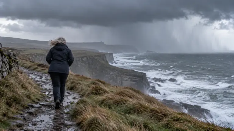 A woman with hunched shoulders bracing against a gale on a clifftop path above rough sea