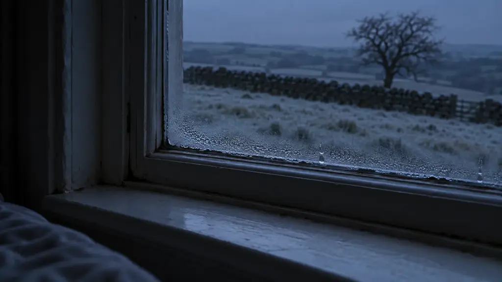 A frosted field and stone wall seen through a sash window before dawn