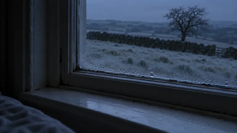A frosted field and stone wall seen through a sash window before dawn