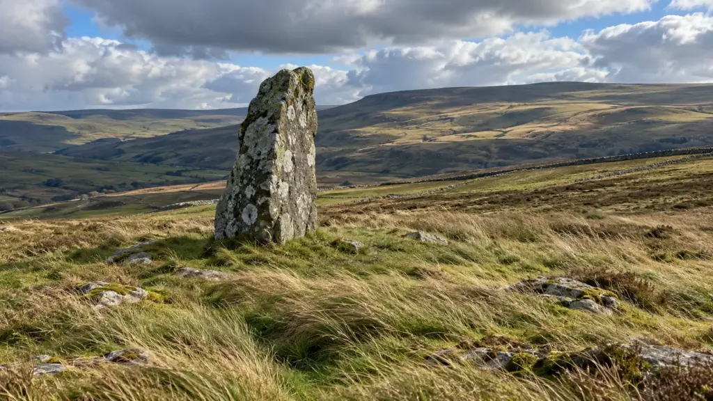 A lichen-covered standing stone in windblown upland grass under moving cloud
