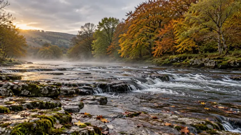 Shallow river running over flat limestone in autumn, mist lifting beneath half-turned trees
