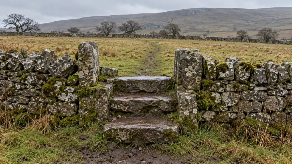 Stone step stile in a dry stone wall, a faint path crossing a wet field beyond