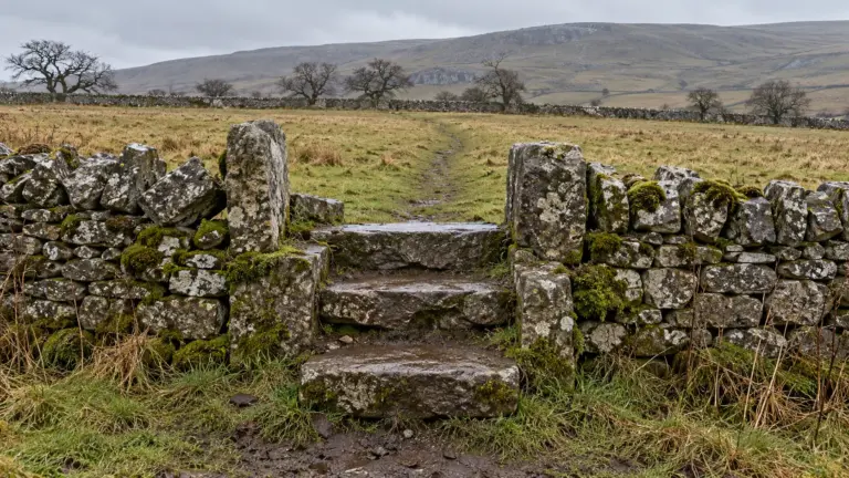 Stone step stile in a dry stone wall, a faint path crossing a wet field beyond