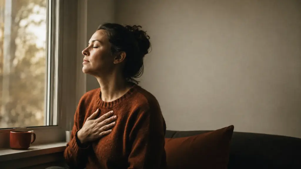 A woman with her eyes closed and one hand resting on her chest, by a window