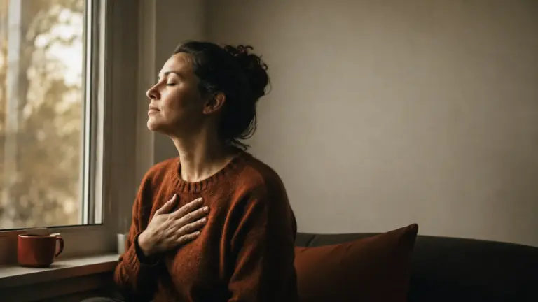 A woman with her eyes closed and one hand resting on her chest, by a window