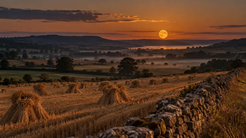 A full moon rising over a harvested field of stooks beside a dry stone wall