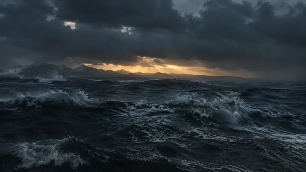 A dark, storm-lit sea with a band of gold light along the horizon