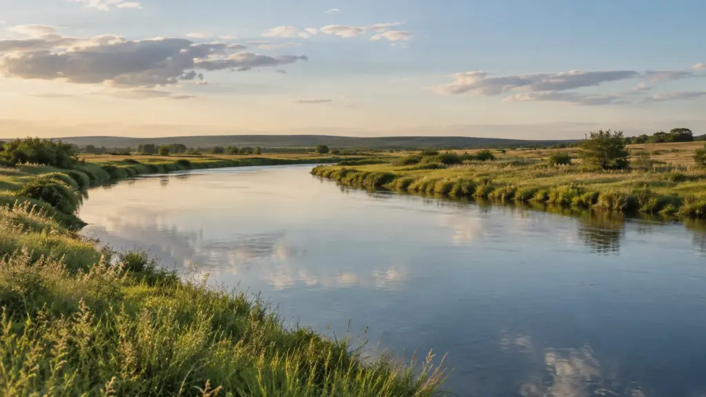 A slow river curving through open meadow under a pale summer sky