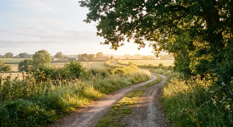A farm track curving through sunlit fields beneath a broad oak