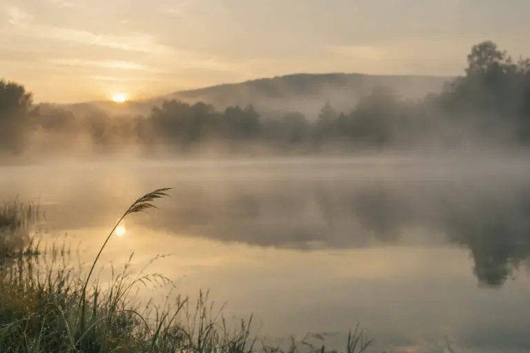 Mist rising off a still lake at sunrise, with reeds in the foreground