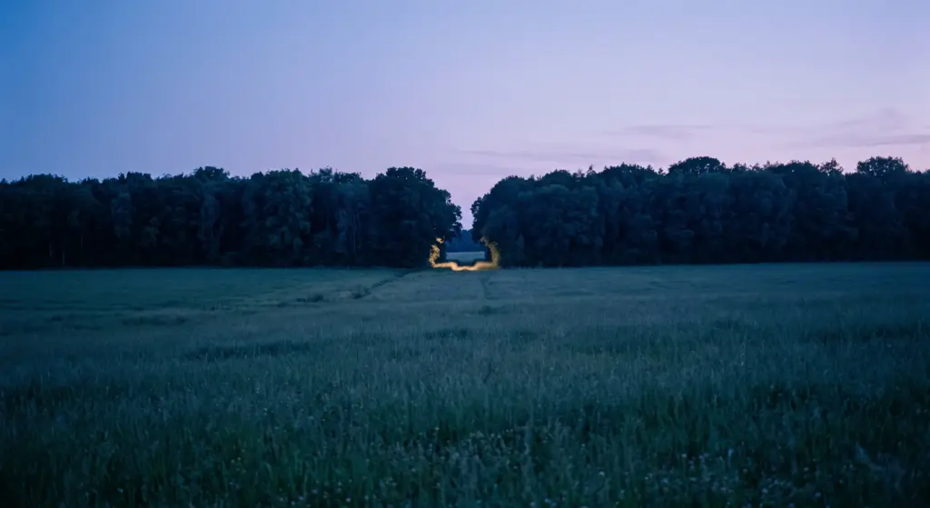 A dark blue field at dusk with a single lit doorway in the distant treeline