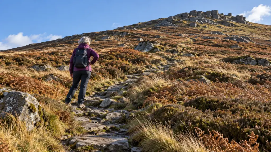 A woman pausing with a hand on her hip, part way up a moorland path