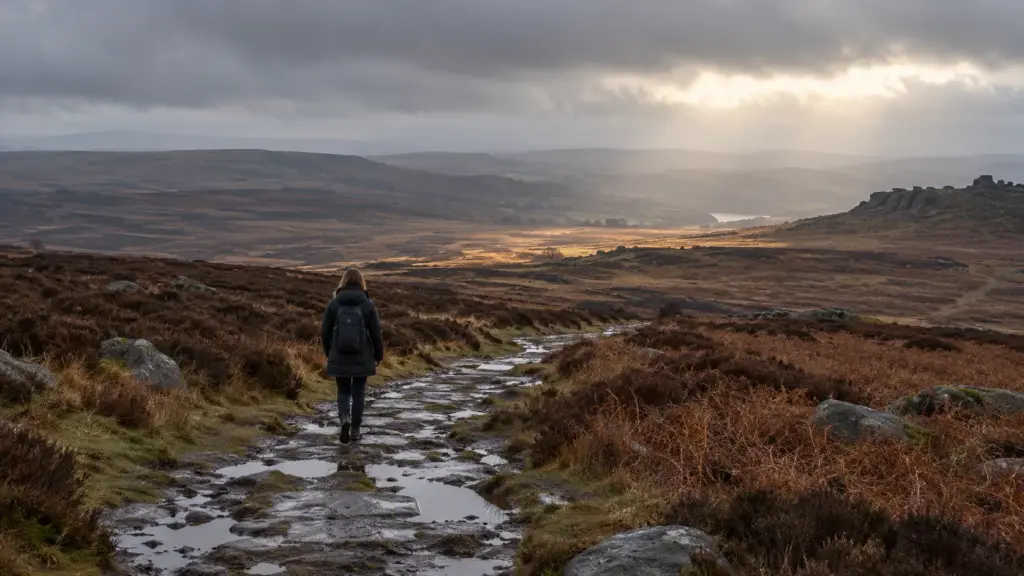 A woman in a dark coat walks a wet moorland track towards pale winter lig