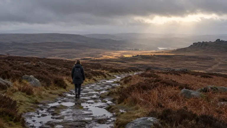 A woman in a dark coat walks a wet moorland track towards pale winter lig