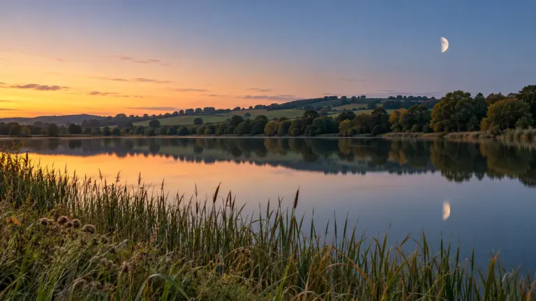 A half moon rising over a still lake fringed with reeds at dusk
