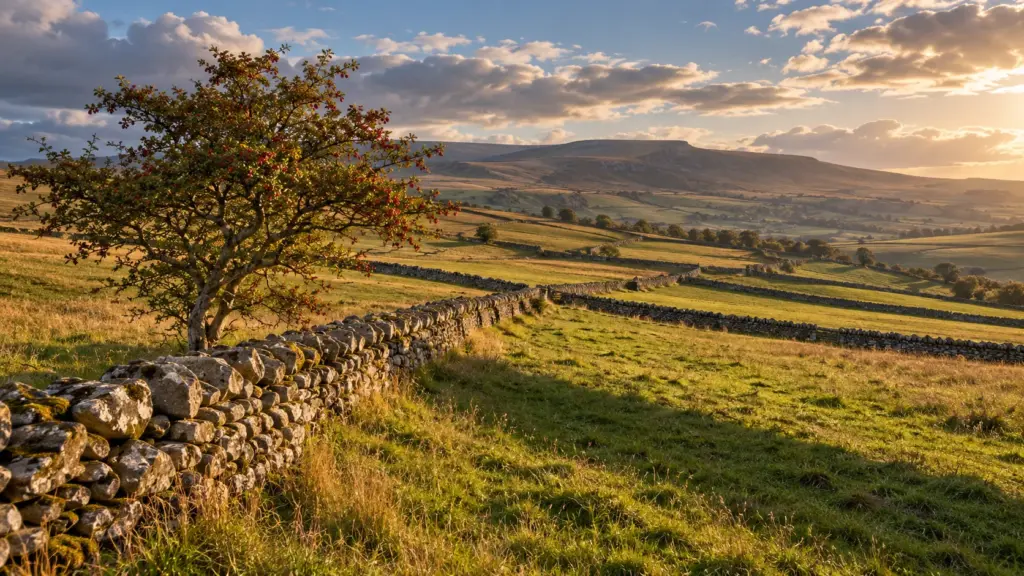 Dry-stone walls crossing upland fields in low autumn sun, with a lone hawthorn