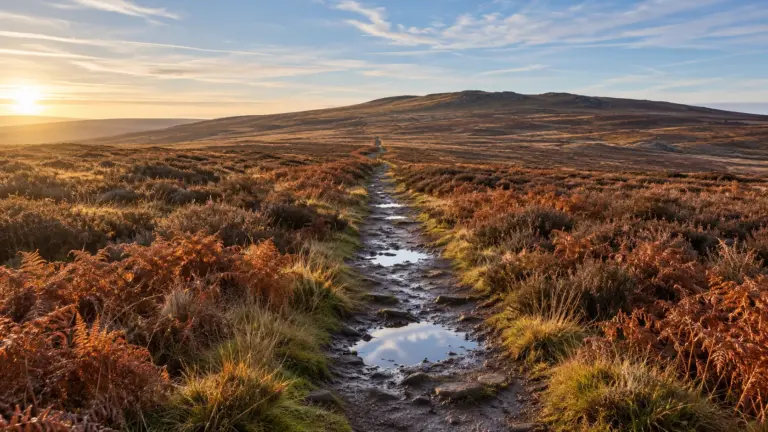A worn footpath running straight across brown autumn heather moorland in low morning sun