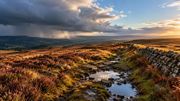 Rain clouds moving off a heather moor as late sun lights a drystone wall
