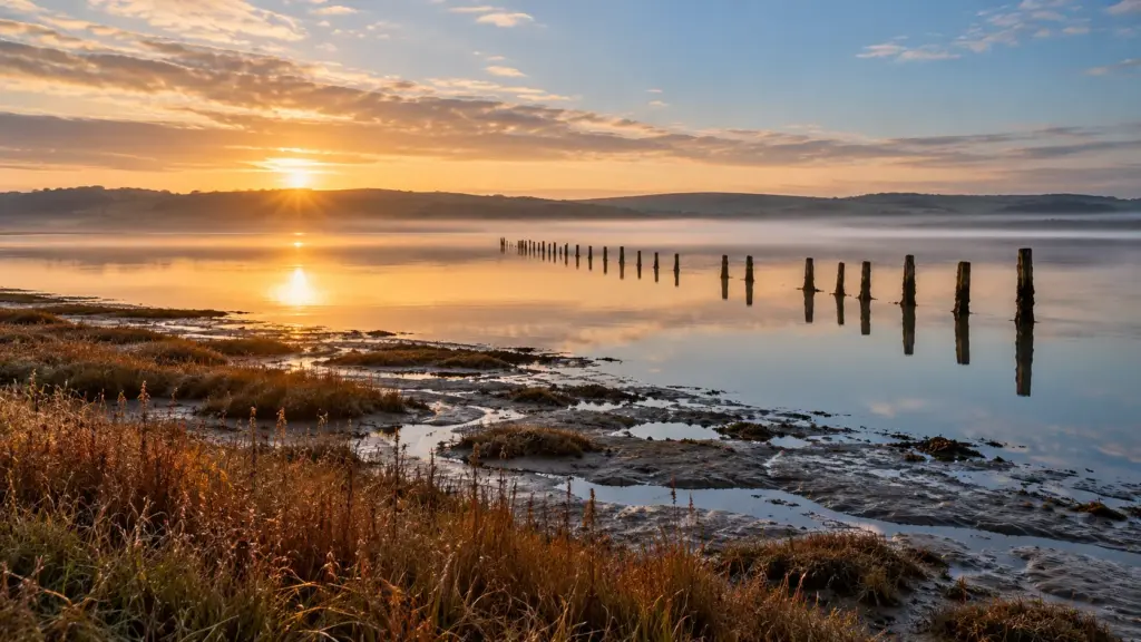 Still tidal estuary at slack water, wooden posts reflected, saltmarsh and low mist at dawn