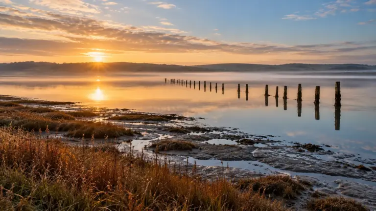 Still tidal estuary at slack water, wooden posts reflected, saltmarsh and low mist at dawn