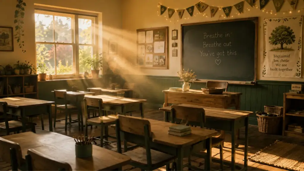 An empty classroom in low morning sun, with a chalkboard and wooden desks