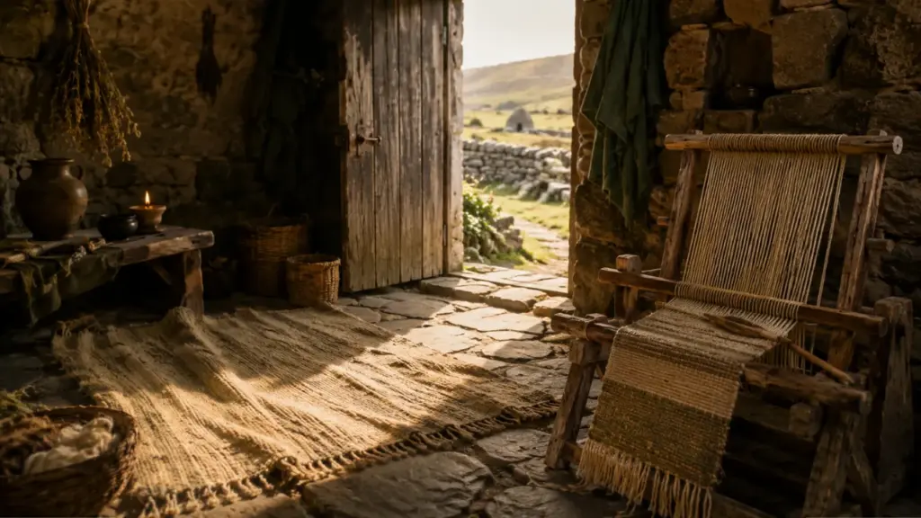 An open barn door looking out onto a stone path and fields beyond
