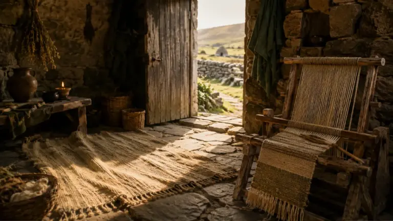 An open barn door looking out onto a stone path and fields beyond