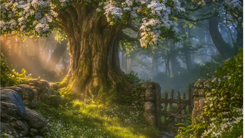 An ancient moss-covered tree in green woodland beside an old gate