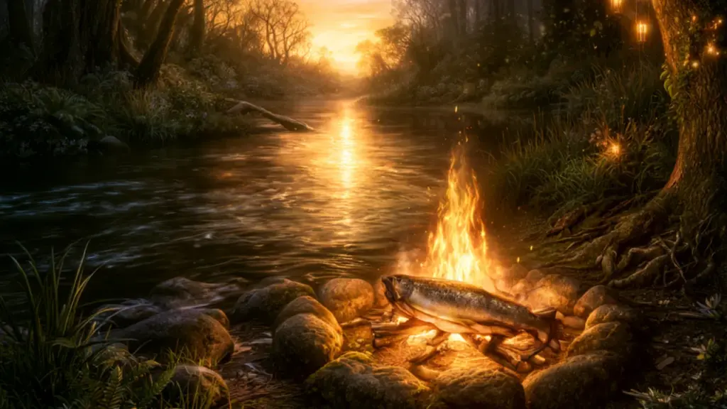 A fire burning beside a river at night, with a salmon on the stones