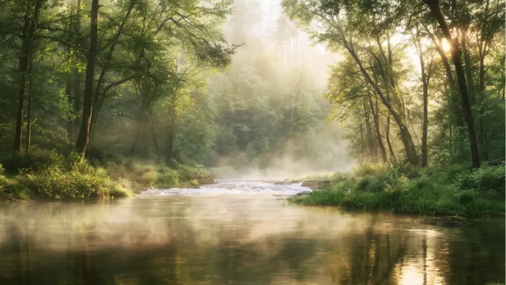 A misty river winding through dense green woodland